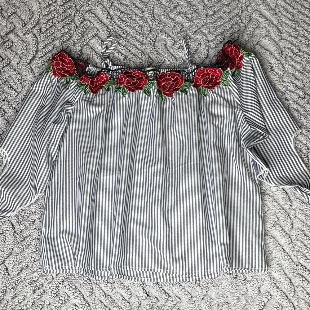 Off-Shoulder Striped Blouse with Red Floral Detail